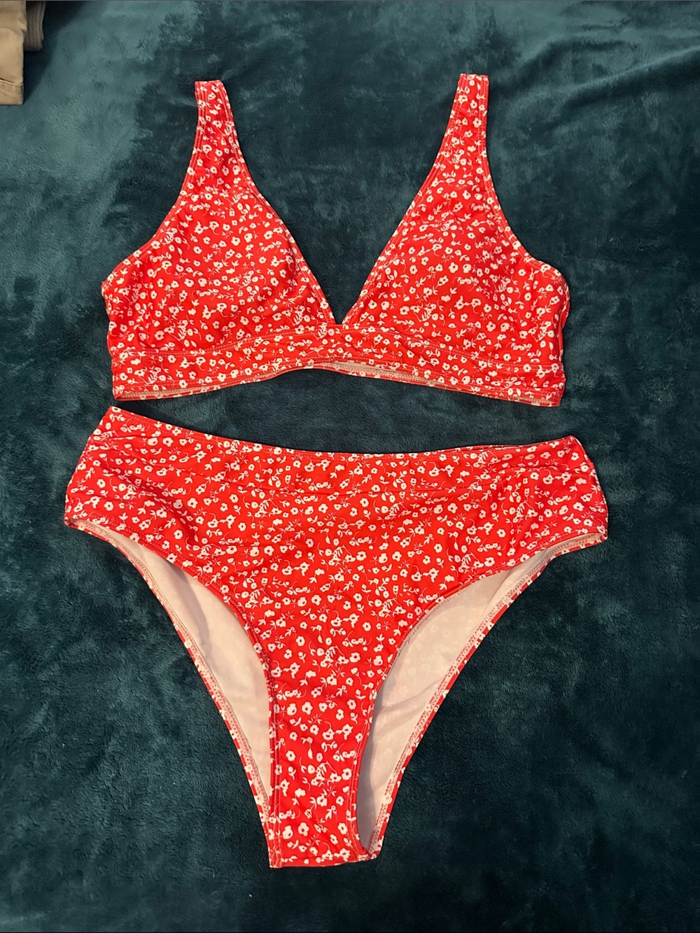SHEIN Red Floral Bralette & High-Cut Bikini